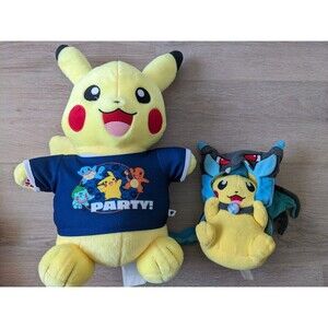 LOT Pokemon Center Mega Charizard Poncho Pikachu 9" Plush Build-A-Bear Shirt 15"